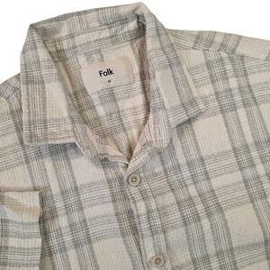 Folk Clothing Mens M Short Sleeve Button Down Shirt Cream Tan Plaid Cotton Linen